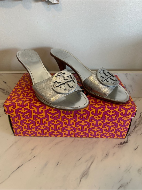 Tory Burch Shoes - Tory Burch Metallic Silver Logo Mule Slides